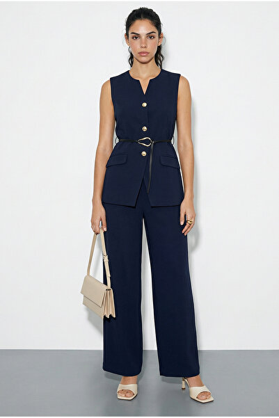 Bianco Lucci Set de damă cu vestă cu detalii de curea și pantaloni palazzo 93...