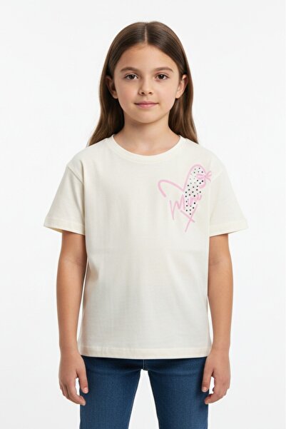 Toontoy Tricou pentru fete cu detaliu din tul, cu imprimeu inimă cu strasuri