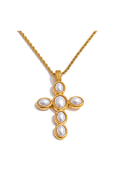 Eva Grace Leandra necklace, gold, with pearls and cross pendant, made of 18K ...