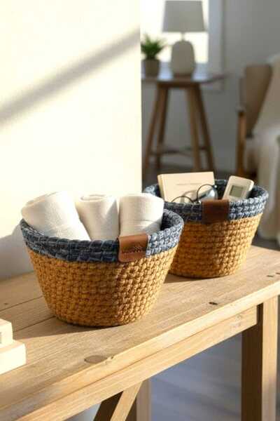 home inn Set of 2 Decorative Baskets – Hand Knitted Organizer Basket |   Multi-Purpose Use (Blue Border)