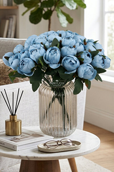 Yapay Çiçek Deposu Artificial Flower 18-Piece Peony Bunch 38 cm Turquoise