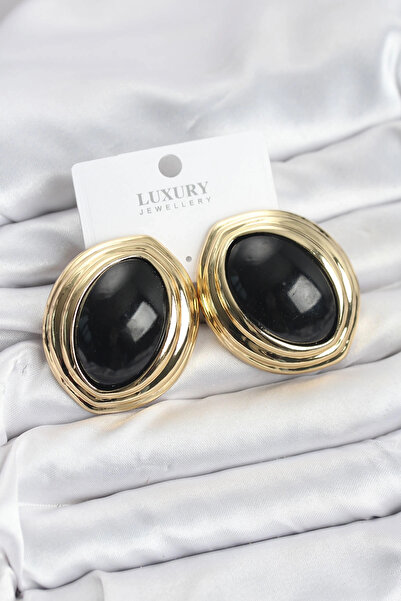 özssa Brass Black Almond Model Vintage Gold Women's Earrings