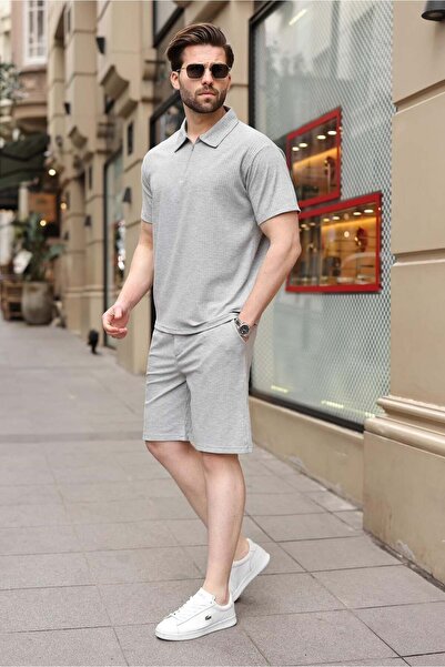 Madmext Set de pantaloni scurți și tricou gri cu guler polo E7363