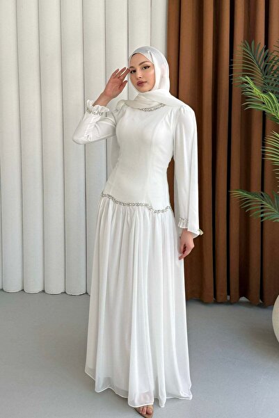 Modaensarbutik Elira Bel Ve Kol Taş İşlemeli Etek Şifon Tesettür Abiye-BEYAZ