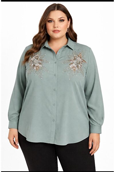 ANATOLIATEKSTILE Elegant Plus Size Women's Shirt with Shiny Embroidered Appli...