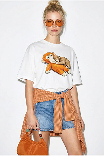 Bianco Lucci Women's 100% Cotton Crew Neck Monkey Punch Printed Oversize T-Sh...