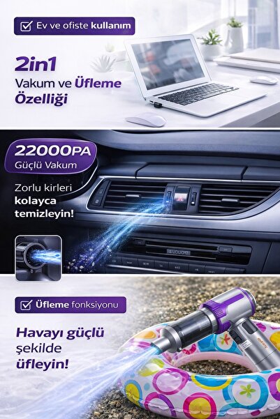 Merwish 22000PA Kablosuz Araç Süpürgesi 2in1 Vakum Üfleme Çok Başlıklı El Süpürgesi