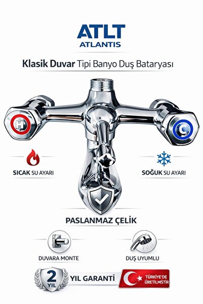 ATLT ATLANTİS KLASİK DUVAR TİPİ BANYO DUŞ BATARYASI MUSLUK SICAK SOĞUK SABİT ...