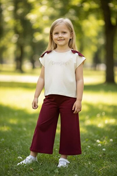 erca home Stone Printed Summer Girls' Set with Bows 2Y,3Y,4Y,5Y Girls' Cream Set