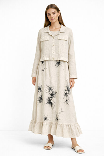 günay boutıque Linen Patterned Long Dress & Jacket Set