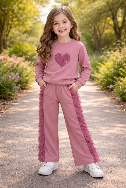 PEMBE , Oysho Fabric Heart and Rose Detailed Girls' 2-Piece Set