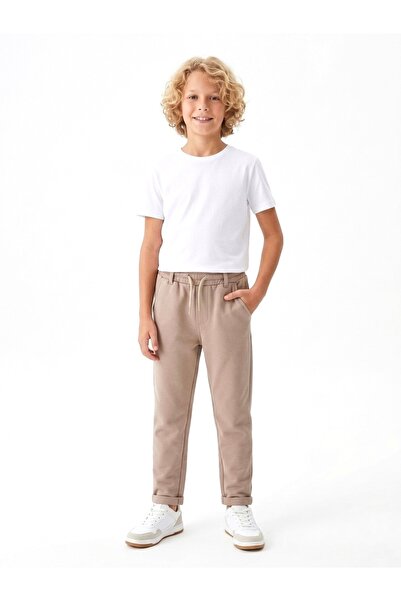 Enie Мъжки бежови памучни джогъри с ластична талия и двойни маншети