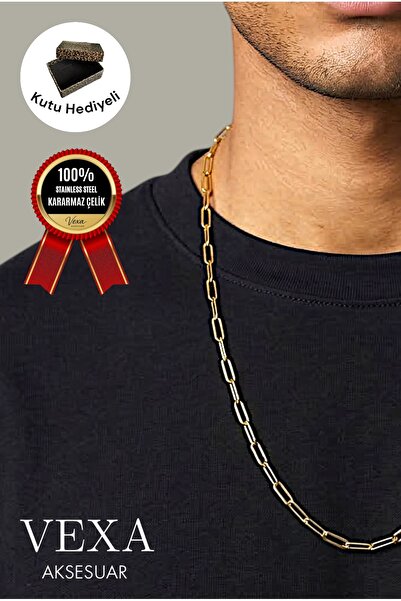 Vexa Aksesuar Imported Paperclip Chain Non-Tarnish Steel Necklace Unisex Gold...