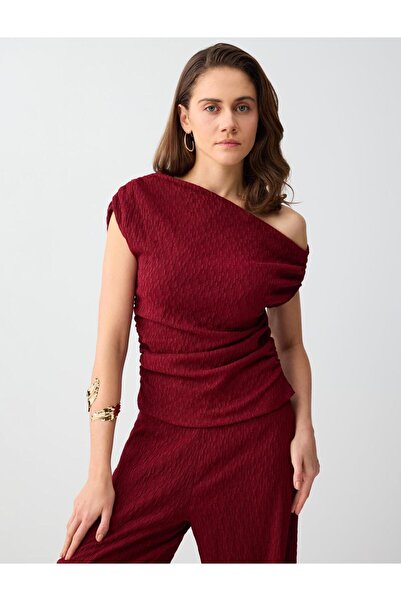 Jimmy Key Μπλούζα Βουργουνδίας με Ασύμμετρο Γιακά και Πλεκτό Σχέδιο, Στενή Εφ...