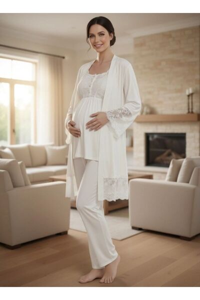 LOHOUSE Women's Ecru Lace 3-Piece Maternity Pajama Set with Dressing Gown