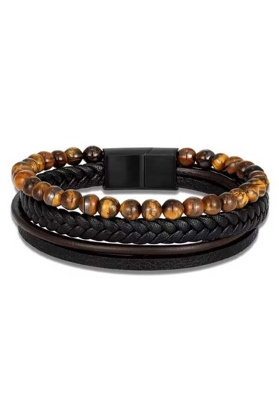 Outfitter Set Brățări Bărbați Piele Neagră și Tiger Eye – Stil Elegant Modern