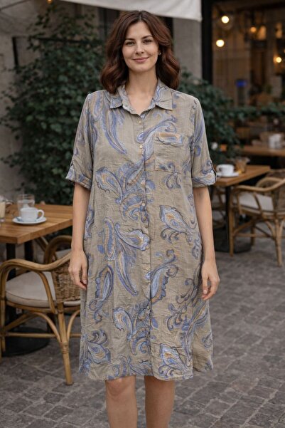 AGORATEKSTİL Γυναικείο αυθεντικό ιταλικό φόρεμα πουκάμισο με μοτίβο σάλι και ...