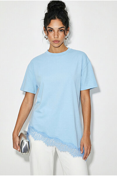 Bianco Lucci Women's Lace Detailed Asymmetrical Cut Short Sleeve T-Shirt 1078...