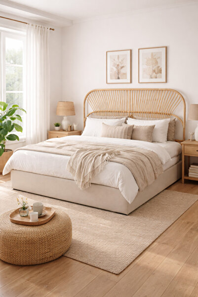 Store Bambu Rattan Hasır Yatak Başlığı - El yapımı Naturel Renk Çift Kişilik