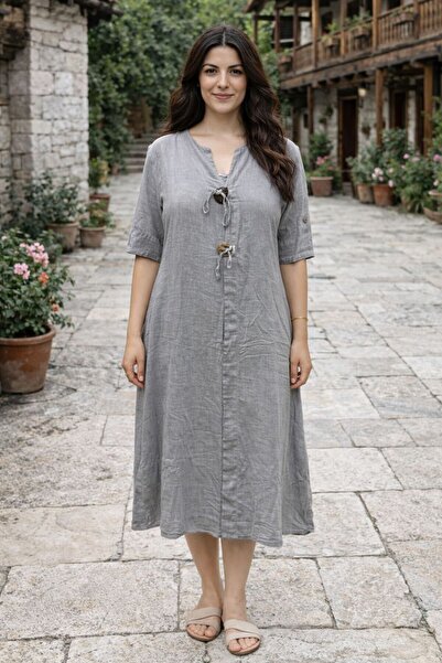 AGORATEKSTİL Women's Cotton Double Pocket Wooden Button Detailed Short Sleeve...