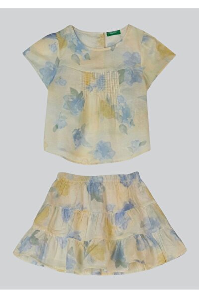 Benetton Set bluză din bumbac cu model acuarelă și fustă stratificată pentru ...