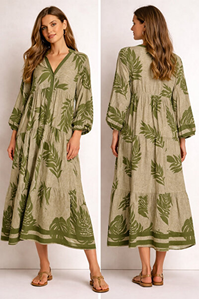 Melissa Helena Yeşil Krem Kadın %100 Viskon Maksi Boy Katlı Balon Kol Uzun El...