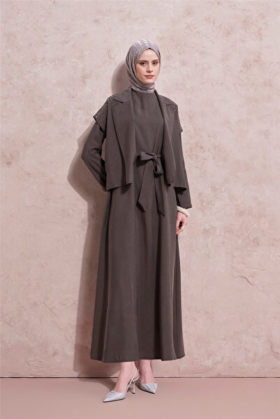 Armine Taş İşlemeli Yelekli Takım Haki