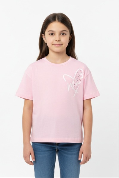 Toontoy Tricou pentru fete cu detaliu din tul, cu imprimeu inimă cu strasuri