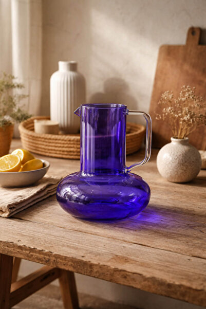 Anadolu Saray Cobalt Mavi Cam Sürahi 1200 ml Limonluk Sunum Sürahisi Şık Tasa...