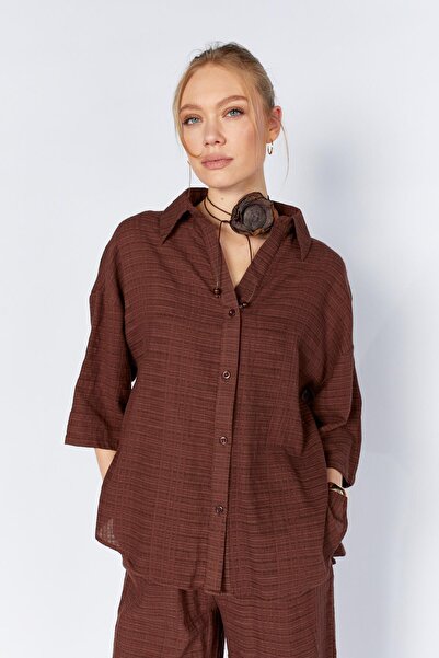 TENA Cămașă de bază maro cu decolteu în V pentru femei