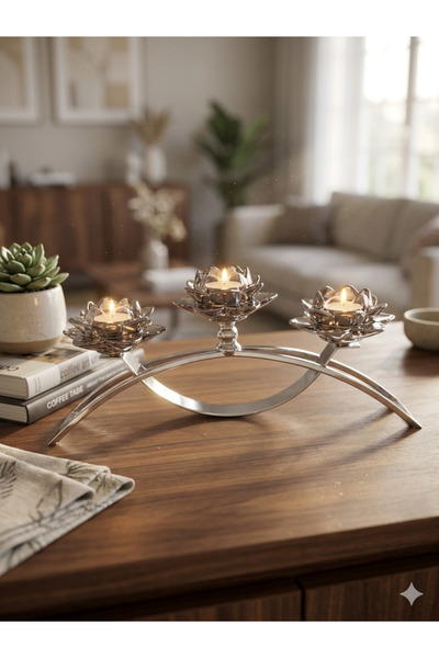 mysecrethome 3’lü Gümüş Lotus Mumluk Şamdan 40x20 cm Dekoratif Metal Mumluk S...