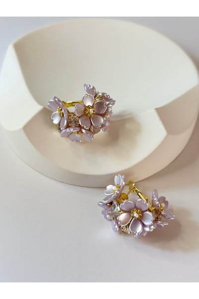 New Meluna Vip Steel Flower Detailed Hoop Earrings Purple Tone Elegant Stylish Stainless Anti Allergic Women Earrings