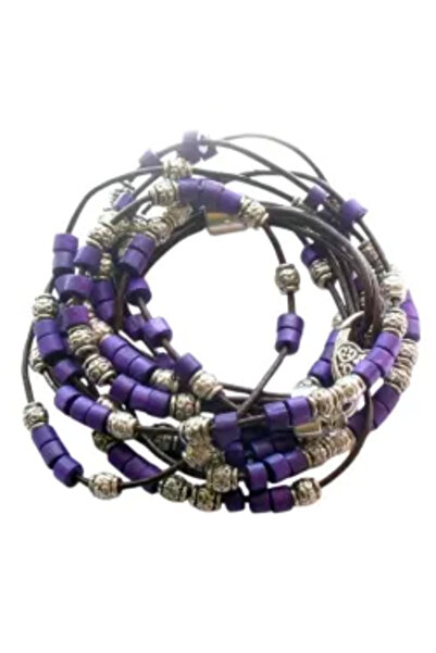 GemSale Brățări Boho cu mărgele metalice și din lemn violet