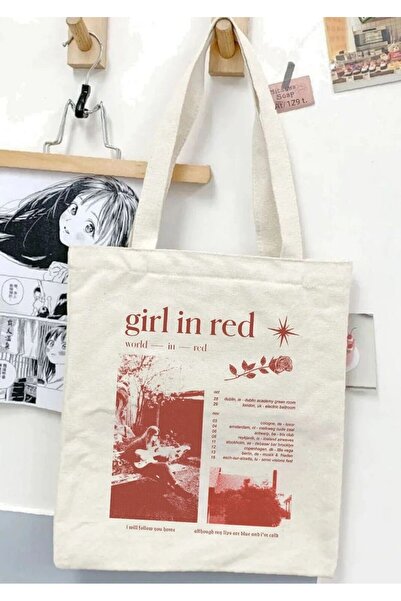 TATA CRAFT Gırl In Red Tote Bag Baskılı Ham Bez Çanta 35x40 cm Omuz Çantası