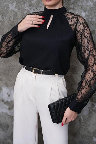 NEW JOURNAL Γυναικεία μαύρη δαντελένια μπλούζα με λεπτομέρειες PC6115