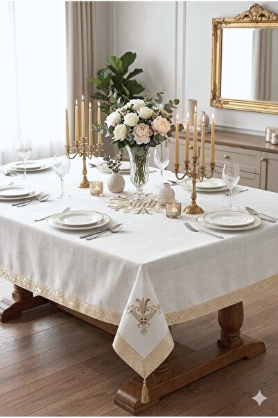 Hevia Home Κεντητό Τραπεζομάντιλο Σαλονιού & Κομψό Τραπεζομάντιλο με Σατέν Ρα...