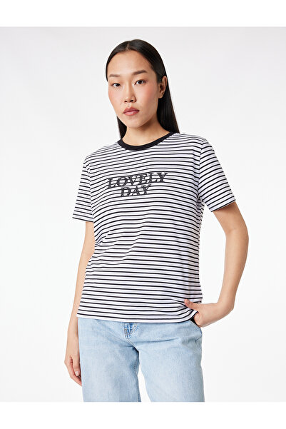 Koton Βαμβακερό κοντομάνικο μπλουζάκι με στάμπα και ρίγες