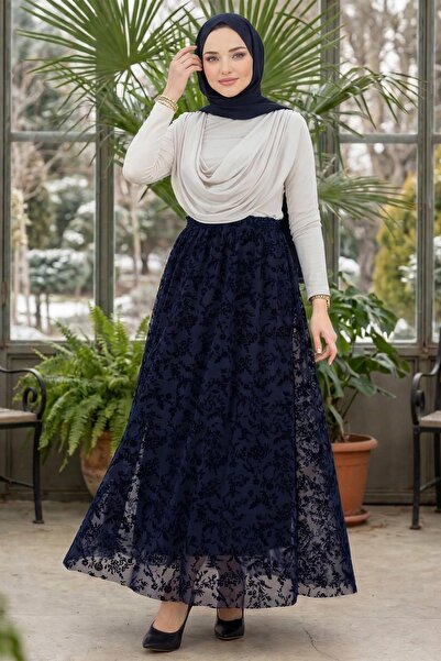 hafsamina Flocked Printed Lined Floral Patterned Tulle Skirt Navy Blue Hm2902