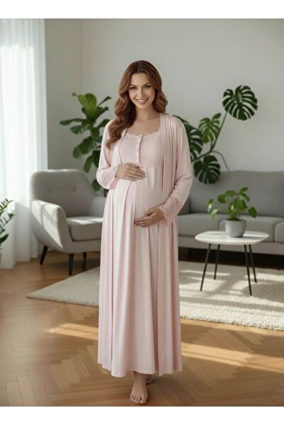 LOHOUSE Kadın Pudra Dantelli 2'Li Lohusa Hamile Gecelik Sabahlık Takım Seti