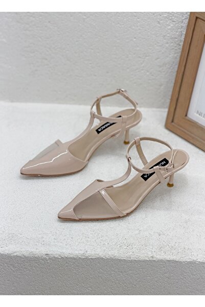 NUR KARACA 8581 Tulle Detailed 6cm Short Thin Heel Open Back Strap Stiletto S...