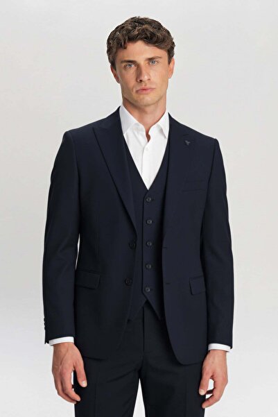 Sabri Özel Giotelli Navy Blue Slim Fit Pointed Collar Vest Suit