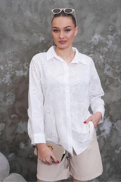 NEW JOURNAL Women's White Scallop Embroidered Shirt Pc2173
