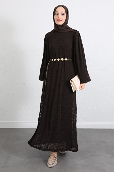 Salih Çelebi Φόρεμα με δαντελωτή αλυσίδα και ζώνη Y0118 - ΣΚΟΥΡΟ ΚΑΦΕ