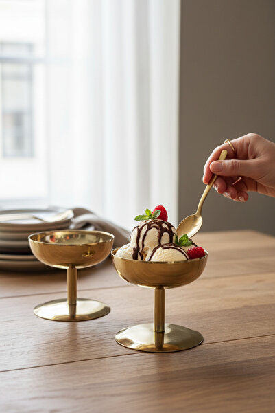 Akayev Aurea Gold 2-Pack 8 cm Steel Footed Ice Cream Bowl, Serving Bowl, Snac...