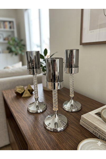 mysecrethome Gümüş 3’lü Şamdan Seti – Altı Burma Detaylı, 28 & 32 cm, Ev Deko...