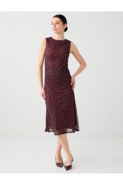 Jimmy Key Koyu Kahve Dar Kesim Kayık Yaka Puantiyeli Mesh Midi Elbise