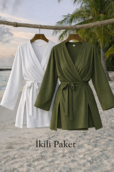 COMBİNE MİCHAİL كيمونو نسائي صيفي أساسي بحزام مكون من قطعتين