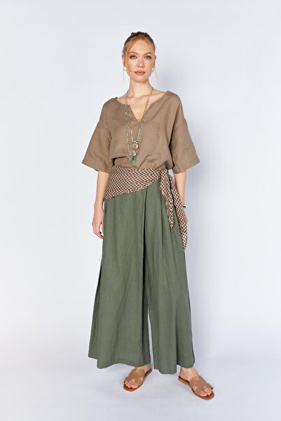 TENA Pantaloni de damă din in, model wrap, kaki