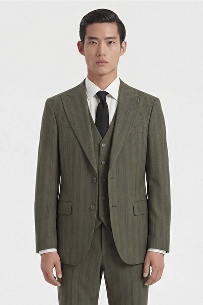 Giotelli Men's khaki striped 8 drop viscose blend suit with vest