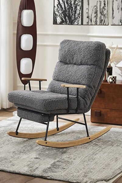 genernic Modern Grey Bouclé Reclining Rocking Chair with Footrest & Armrests ...